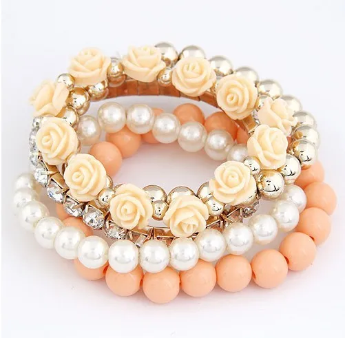 Sweet Multilayer Rose Flower Design Pearl Beads Bracelets Set for Women