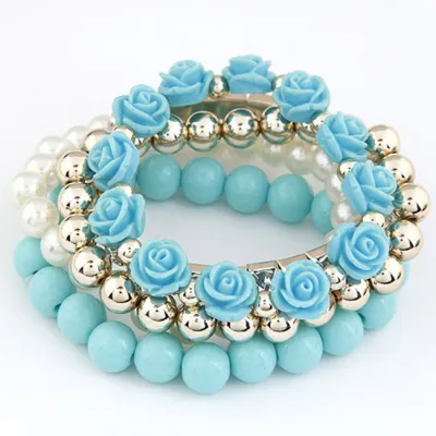 Sweet Multilayer Rose Flower Design Pearl Beads Bracelets Set for Women