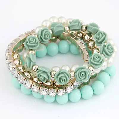 Sweet Multilayer Rose Flower Design Pearl Beads Bracelets Set for Women
