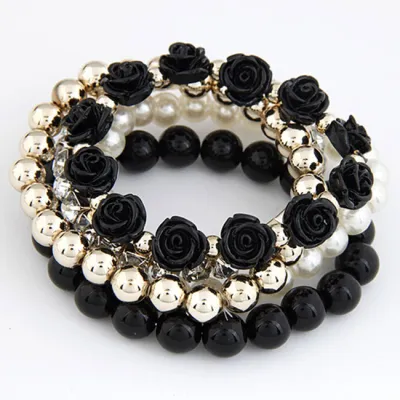 Sweet Multilayer Rose Flower Design Pearl Beads Bracelets Set for Women