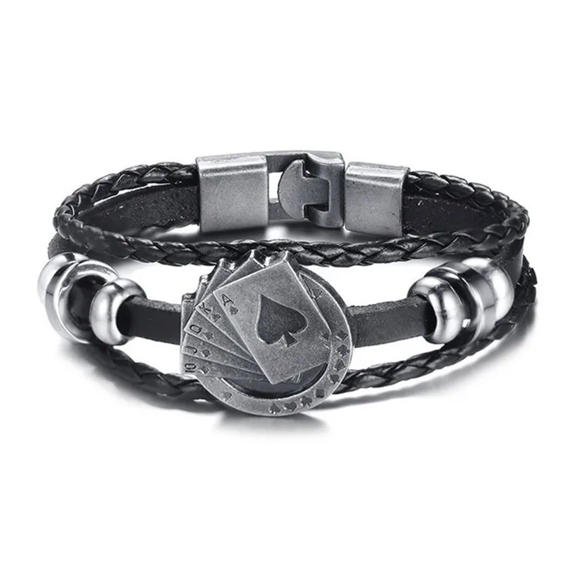 Creative Poker Design Multi-Layer Braided Leather Bracelet for Men