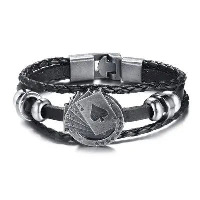 Creative Poker Design Multi-Layer Braided Leather Bracelet for Men