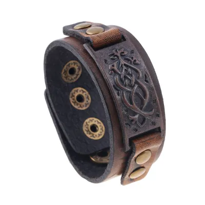 Vintage Symbol Carved Leather Wristband Bracelet for Men