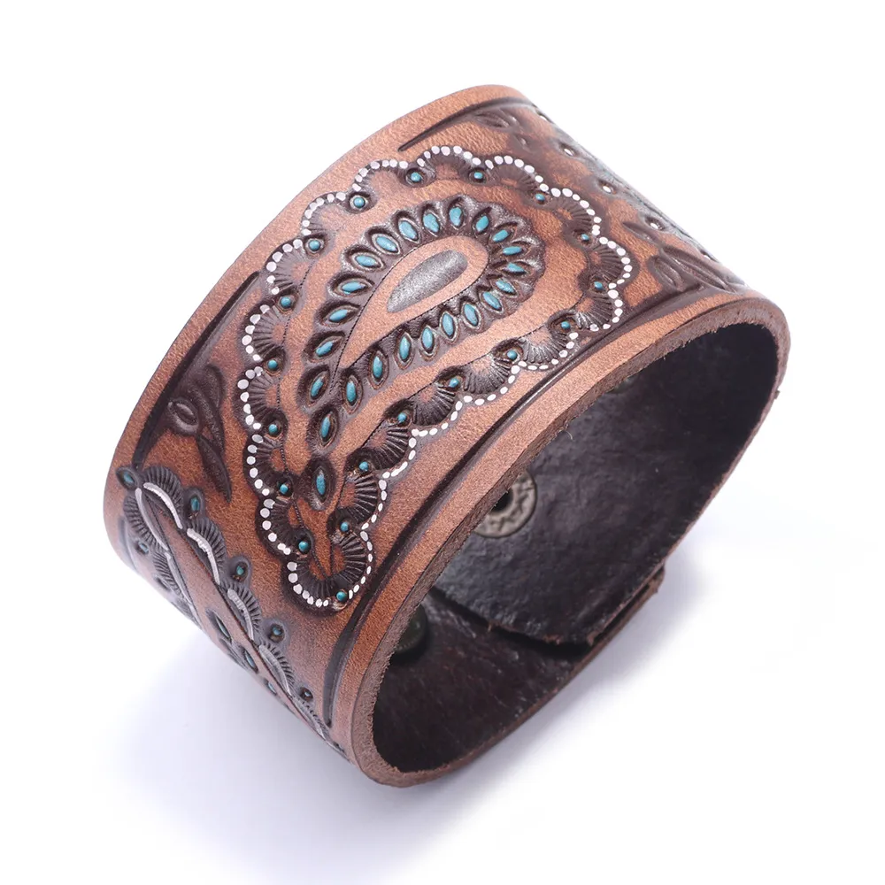 Punk Embossing Painting Oil Broad Leather Bracelet for Men