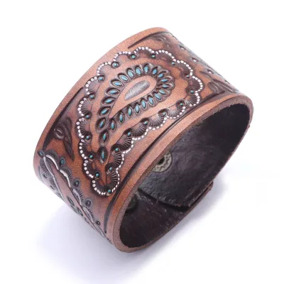 Punk Embossing Painting Oil Broad Leather Bracelet for Men