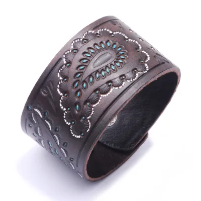 Punk Embossing Painting Oil Broad Leather Bracelet for Men