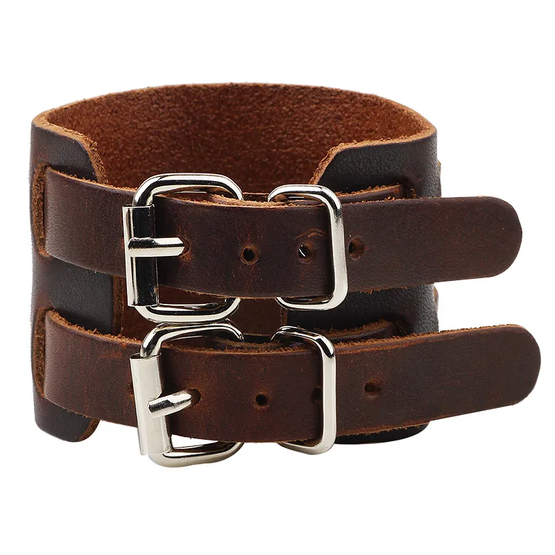 Vintage Wide Leather Double Buckle Adjustable Unisex Bracelet