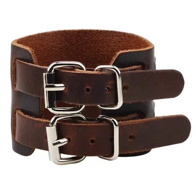 Vintage Wide Leather Double Buckle Adjustable Unisex Bracelet