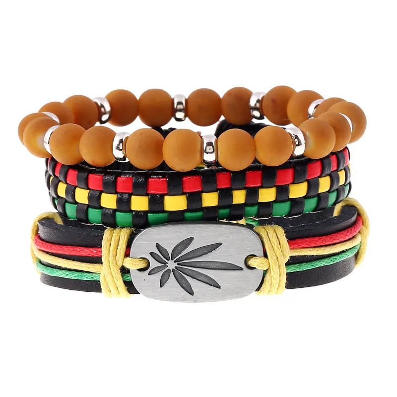 Colorful Woven Metal Maple Leaf Carved Leather Bracelets Set - Unisex Geometric
