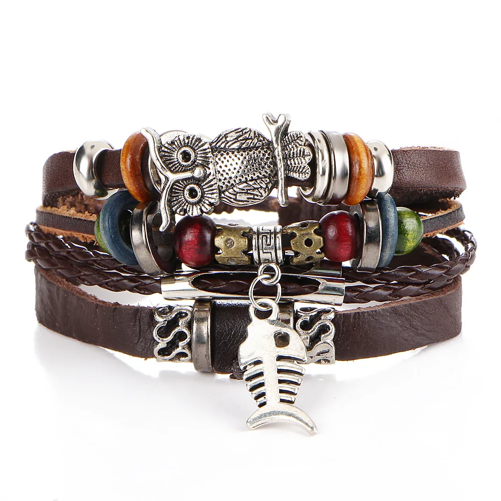 Metal Owl Fish Decor Multilayer Adjustable Woven Bracelets Set
