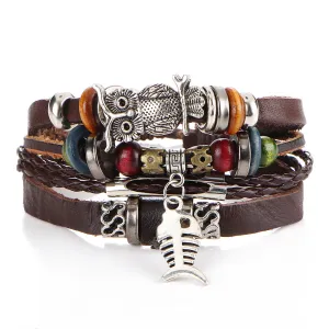Metal Owl Fish Decor Multilayer Adjustable Woven Bracelets Set