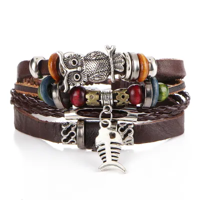 Metal Owl Fish Decor Multilayer Adjustable Woven Bracelets Set