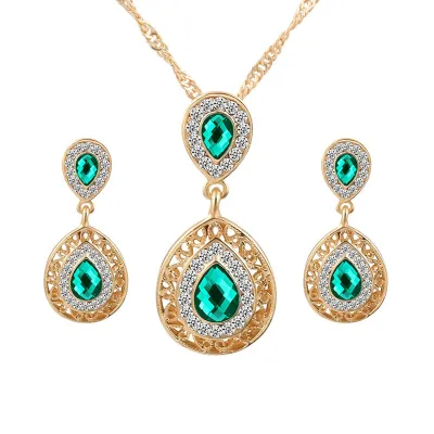 Water Drop Crystal Pendant Necklace Earrings Jewelry Set for Women