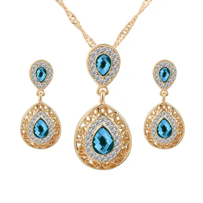 Water Drop Crystal Pendant Necklace Earrings Jewelry Set for Women
