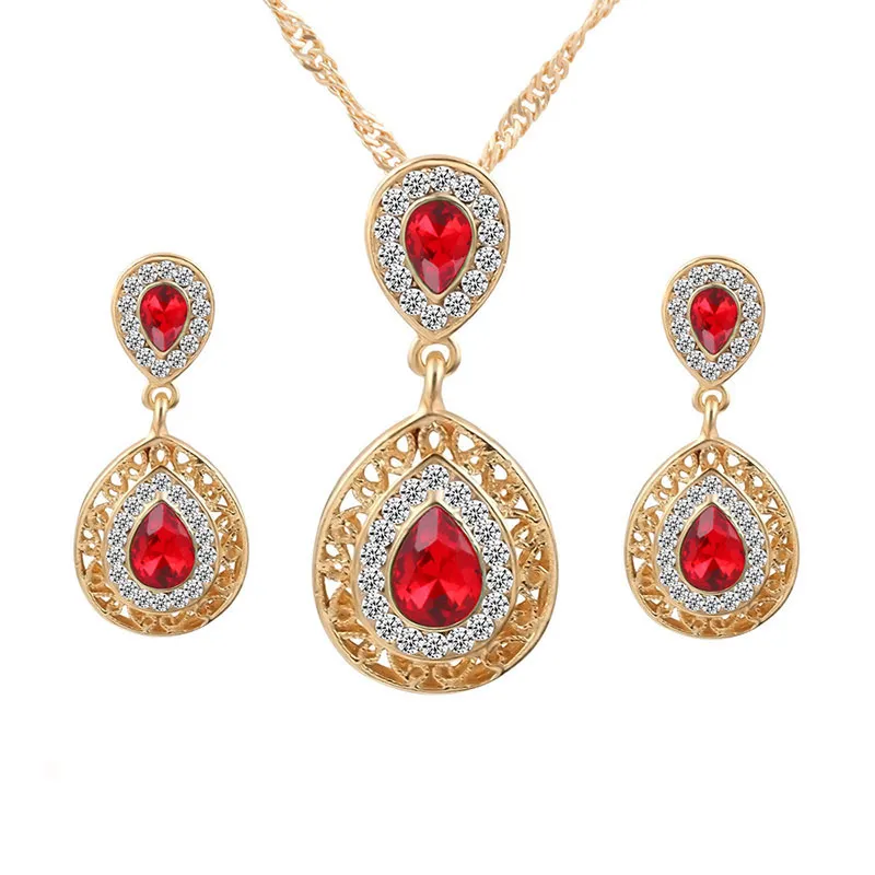 Water Drop Crystal Pendant Necklace Earrings Jewelry Set for Women