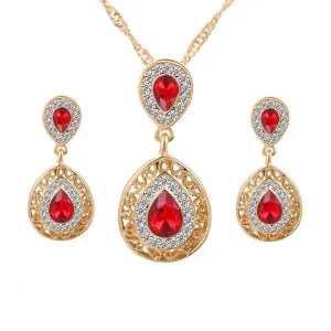 Water Drop Crystal Pendant Necklace Earrings Jewelry Set for Women