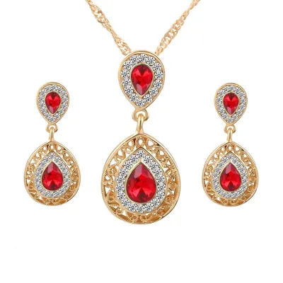 Water Drop Crystal Pendant Necklace Earrings Jewelry Set for Women