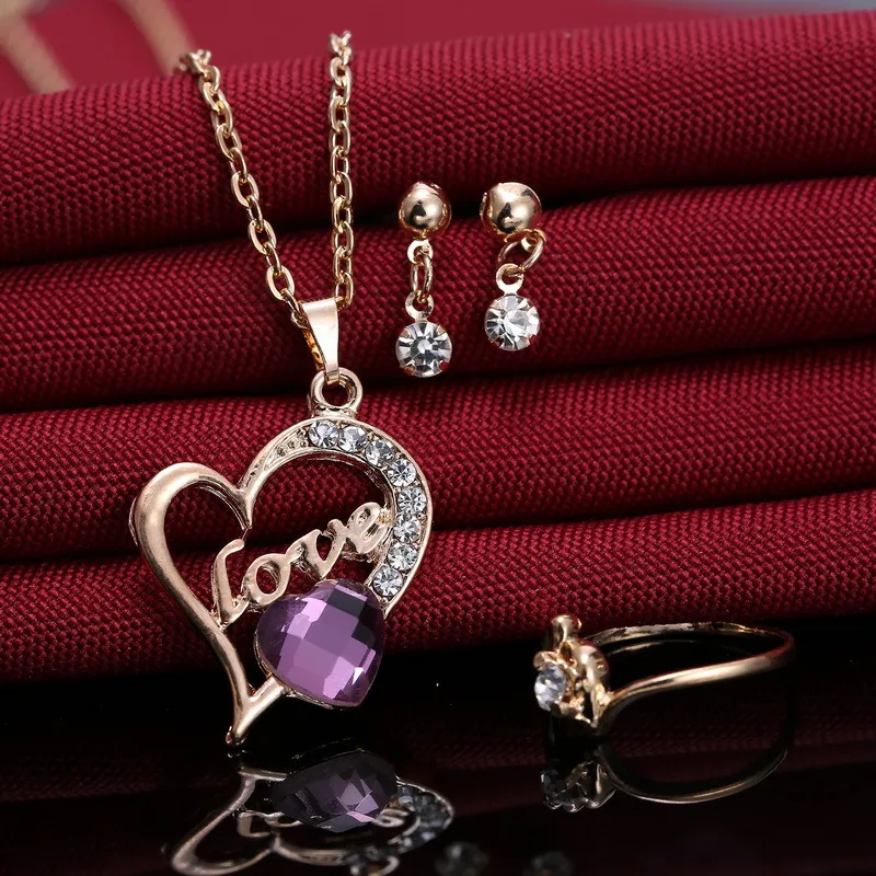 Valentine's Day Heart Design Alloy Necklace Earrings Ring Jewelry Set