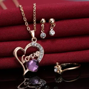 Valentine's Day Heart Design Alloy Necklace Earrings Ring Jewelry Set