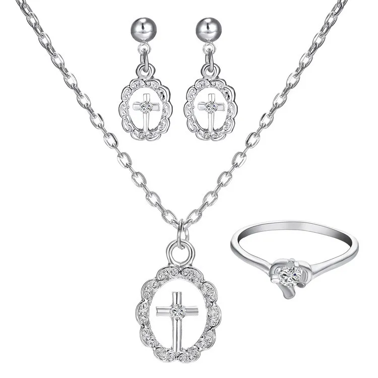 Fashion Cross Design Alloy Necklace Earrings Ring Jewelry Set