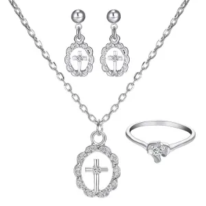 Fashion Cross Design Alloy Necklace Earrings Ring Jewelry Set
