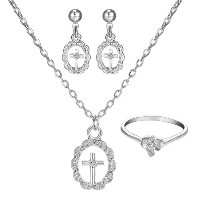 Fashion Cross Design Alloy Necklace Earrings Ring Jewelry Set