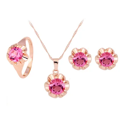 Pink Rhinestone Flower Design Necklace Earrings Ring Set for Women