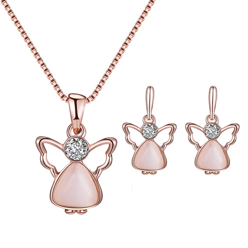 Angel Design Opal Decor Pendant Necklace Earrings Jewelry Set Alloy Women's Box Chain