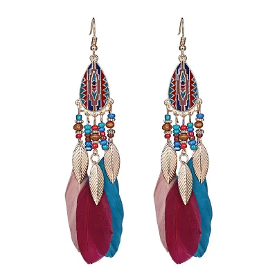 Bohemian Feather Fringe Long Section Tassel Earrings for Women