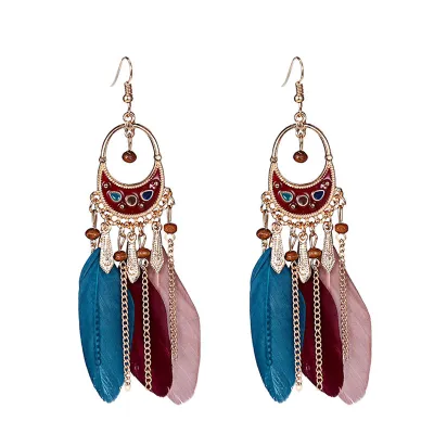 Bohemian Feather Fringe Long Section Tassel Earrings for Women