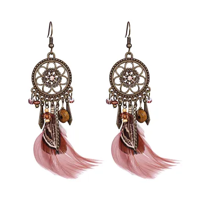 Bohemian Feather Fringe Long Section Tassel Earrings for Women
