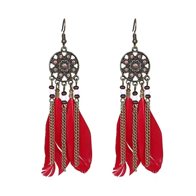 Bohemian Feather Fringe Long Section Tassel Earrings for Women