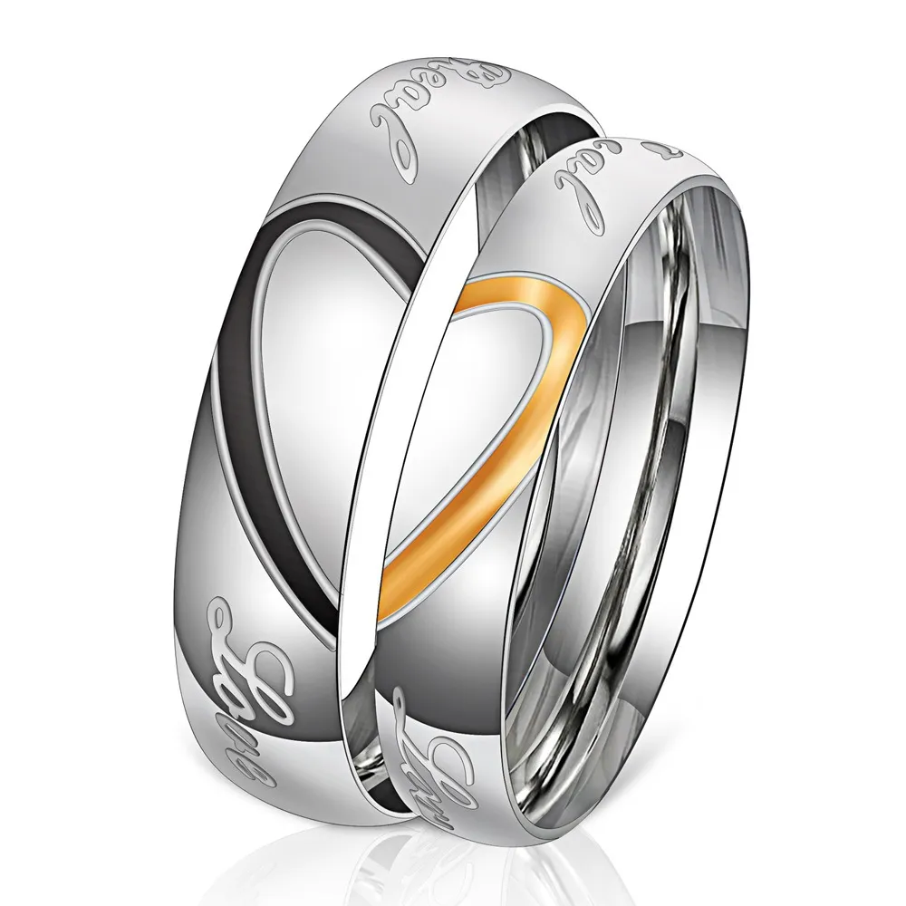 Titanium Steel Black Gold Heart Couple Rings Valentine Party