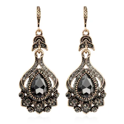 Vintage Water Drop Pendant Black Acrylic Glass Gemstone Decor Hook Earrings