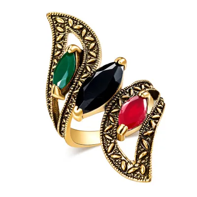 Vintage Tri-Color Gemstone Ethnic Geometric Metal Rings for Women
