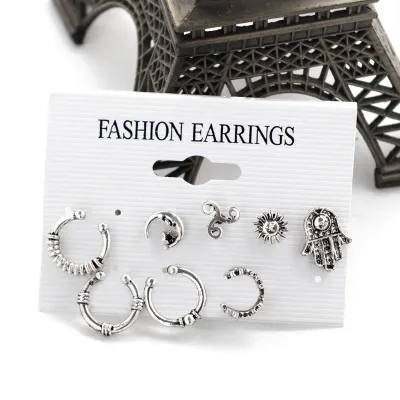 Vintage 8Pcs Sun Moon Design Stud Clip Earrings Set