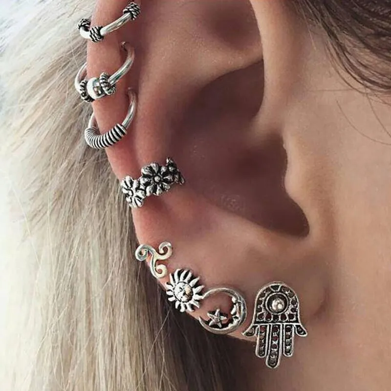 Vintage 8Pcs Sun Moon Design Stud Clip Earrings Set