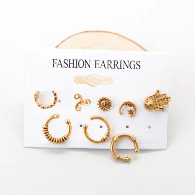 Vintage 8Pcs Sun Moon Design Stud Clip Earrings Set