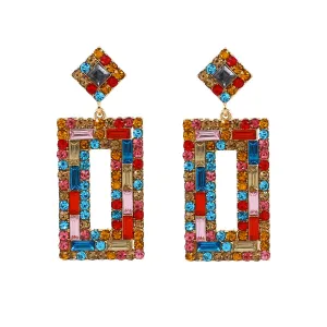 Vintage Geometric Pendant Colorful Rhinestone Dangle Earrings