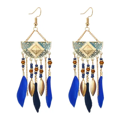 Vintage Fan-Shaped Beads Feather Decor Tassel Earrings