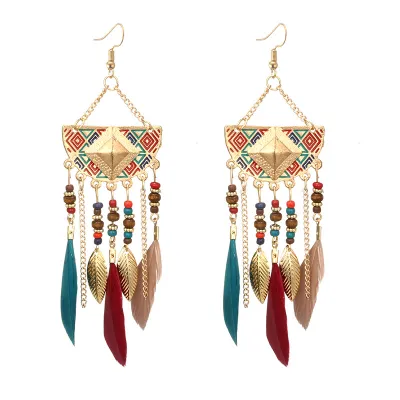 Vintage Fan-Shaped Beads Feather Decor Tassel Earrings