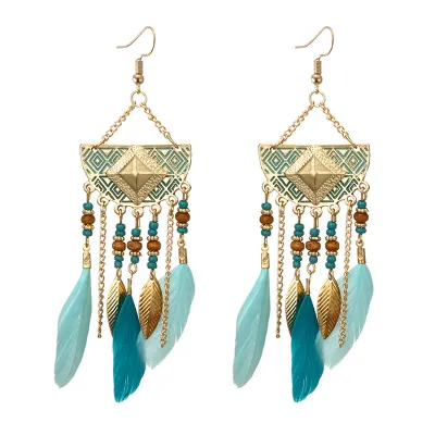 Vintage Fan-Shaped Beads Feather Decor Tassel Earrings