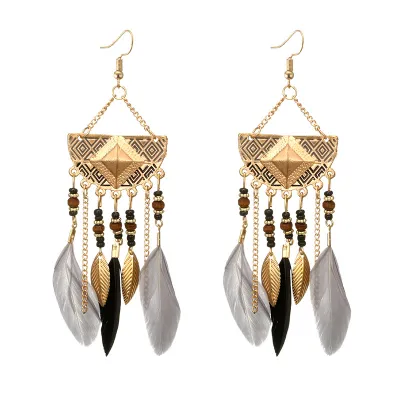 Vintage Fan-Shaped Beads Feather Decor Tassel Earrings
