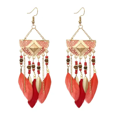 Vintage Fan-Shaped Beads Feather Decor Tassel Earrings
