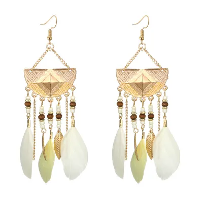 Vintage Fan-Shaped Beads Feather Decor Tassel Earrings