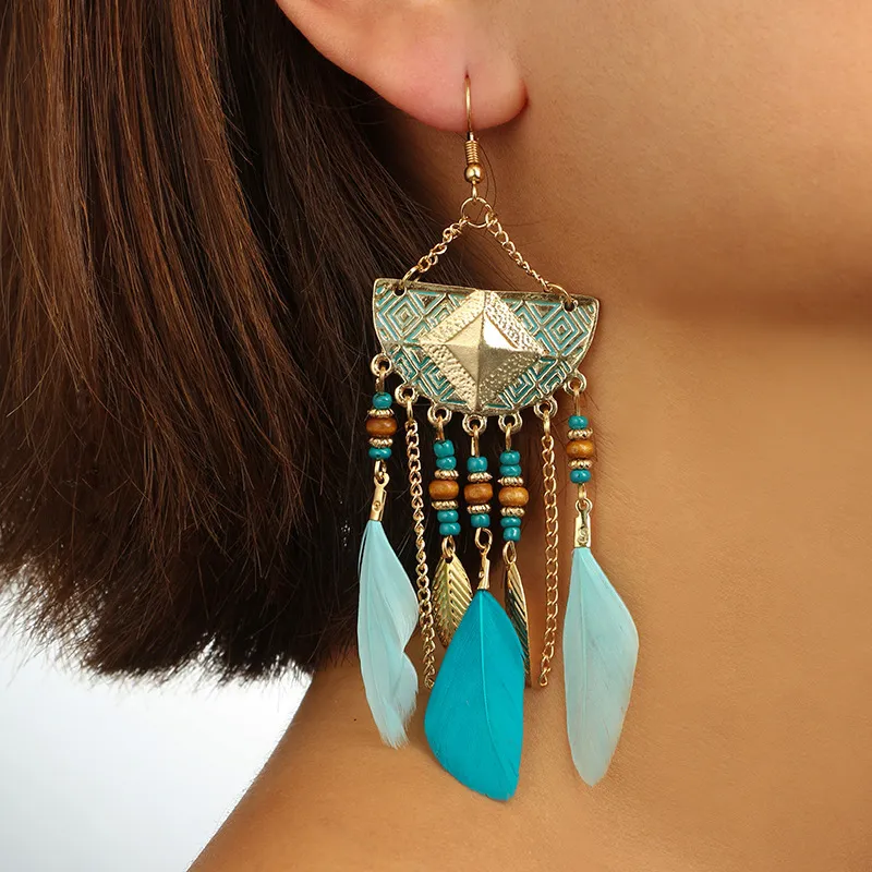 Vintage Fan-Shaped Beads Feather Decor Tassel Earrings