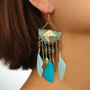 Vintage Fan-Shaped Beads Feather Decor Tassel Earrings