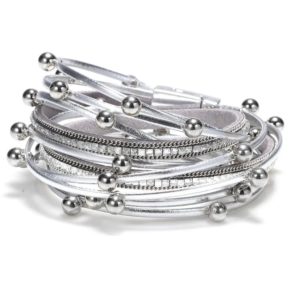 Multi-Layer Metal Beads Rhinestone Decor Leather Bracelets Set Women Geometric