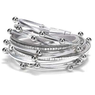 Multi-Layer Metal Beads Rhinestone Decor Leather Bracelets Set Women Geometric
