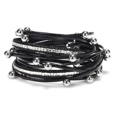 Multi-Layer Metal Beads Rhinestone Decor Leather Bracelets Set Women Geometric